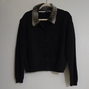 Liz Claiborne Black Cardigan With Faux Fur Collar